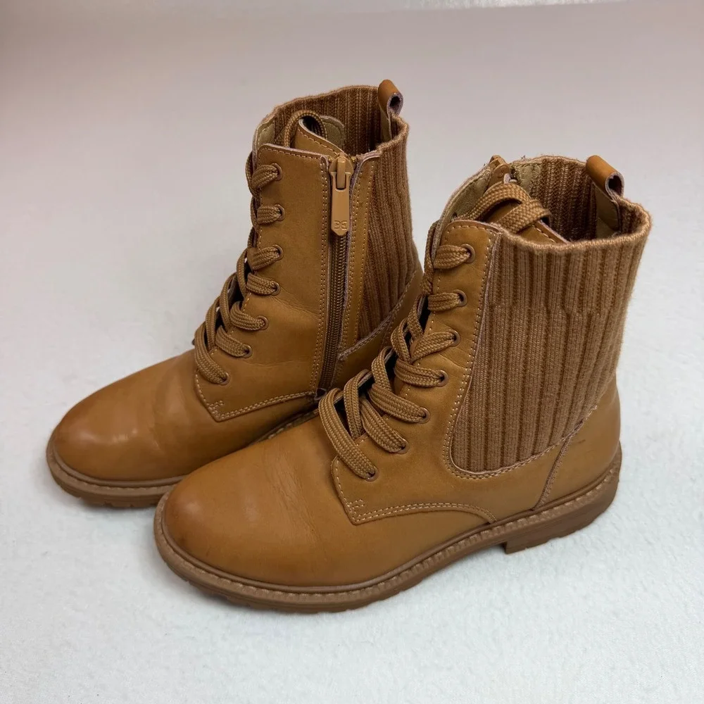 Sam Edelman Kids Tan Leather Ribbed Knit Combat Boots Side Zip Lug Sole Size 4